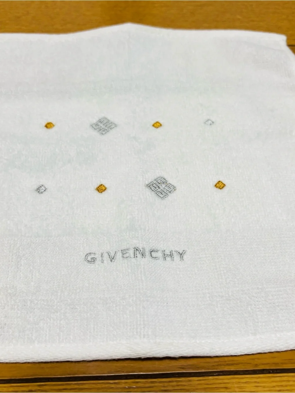 Givenchy Ivory Pocket Hand Towel with Gold & Silver Embroidered size 23cm 9”